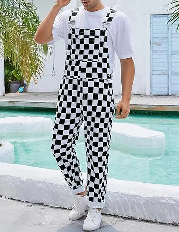 Stretch Men's Overalls, Race Day Denim Coveralls, Workwear with Pockets, Black and White Checkered Jumpsuit with Zipper, Menswear Bibs