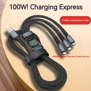 3-In-1 100w Fast Charging Durable Data Cable, Smart Super Quick Charge, Multi Interface Support, USB Visible Battery Display, for Apple & Samsung
