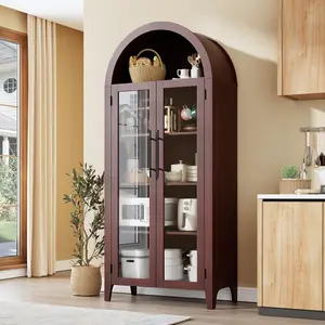 Garvee Arched Kitchen Pantry Cabinet - Farmhouse 5 Tier Display Shelf with Adjustable Shelf and 2 Large Glass Doors, Versatile Storage Cupboard for Kitchen, Dining Room, Living Room, Walnut