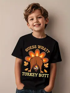1Funny Thanksgiving "Guess What Turkey Butt" Boys' T-Shirt - Short Sleeve Round Neck Tee with Turkey & Autumn Leaves Graphic, Comfortable Casual Holiday Outfit for Fall, Spring & Summer, Funny Turkey Design for Thanksgiving Parties & Casual Attire