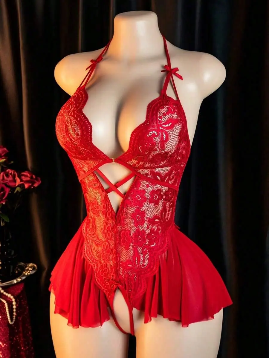 Women's Sexy One-Piece Floral Lace Bow Tie, Fitted All-Season Fashion, Perfect for Casual Wear & Stylish Occasions