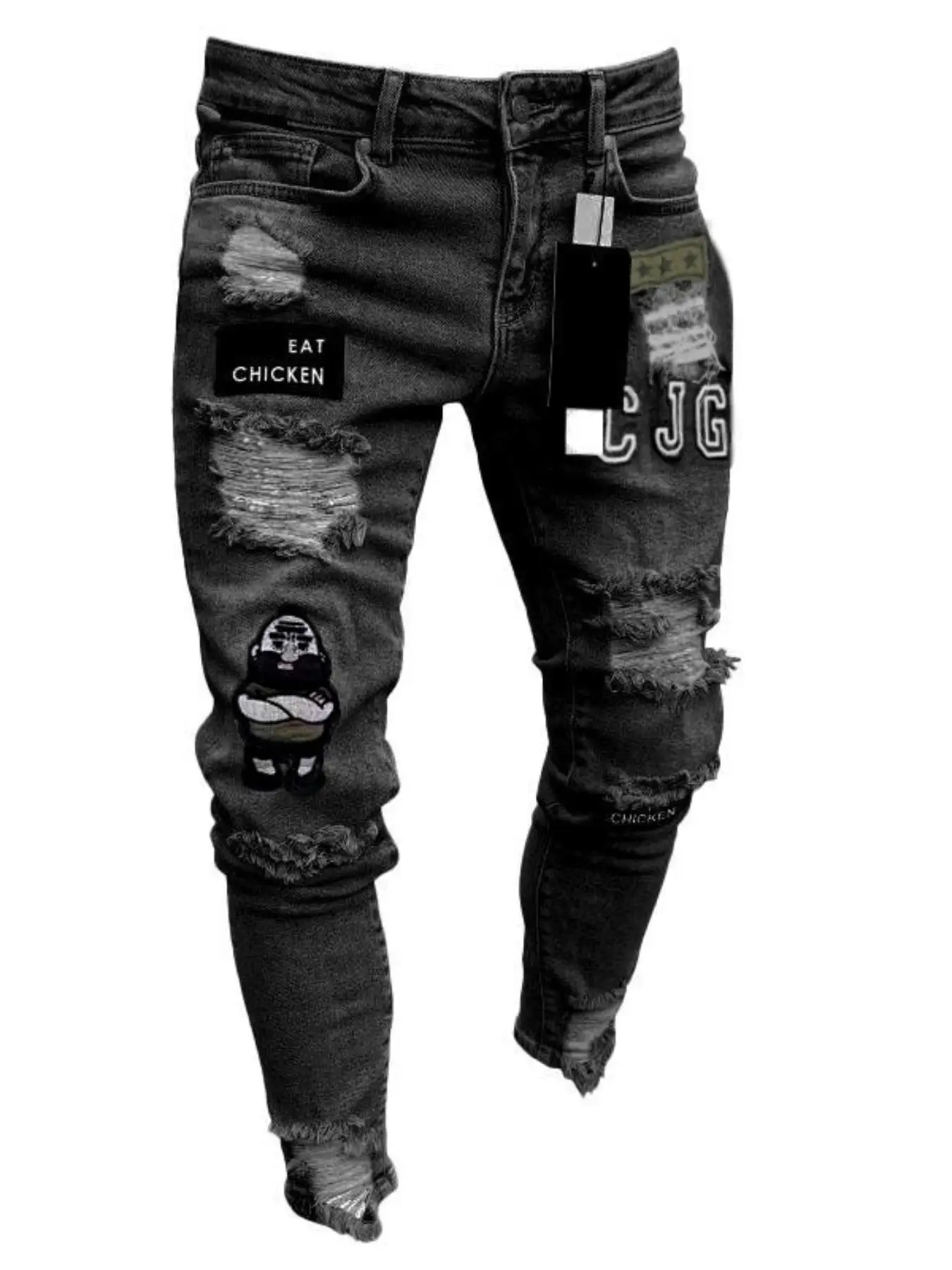 Men's Patched Ripped Skinny Jeans, Casual Comfy Pocket Zipper Design Denim Pants for Daily Wear, Fashion Men's Bottoms for All Seasons