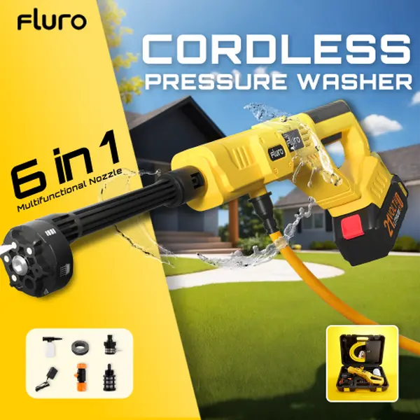 FLURO Multifunctional Cordless Portable Pressure Washer, 1000 PSI Battery-Powered Unit with 56Wh Rechargeable Battery, 6-in-1 Adjustable Nozzle, Self-Priming for Car Wash, Patio Cleaning