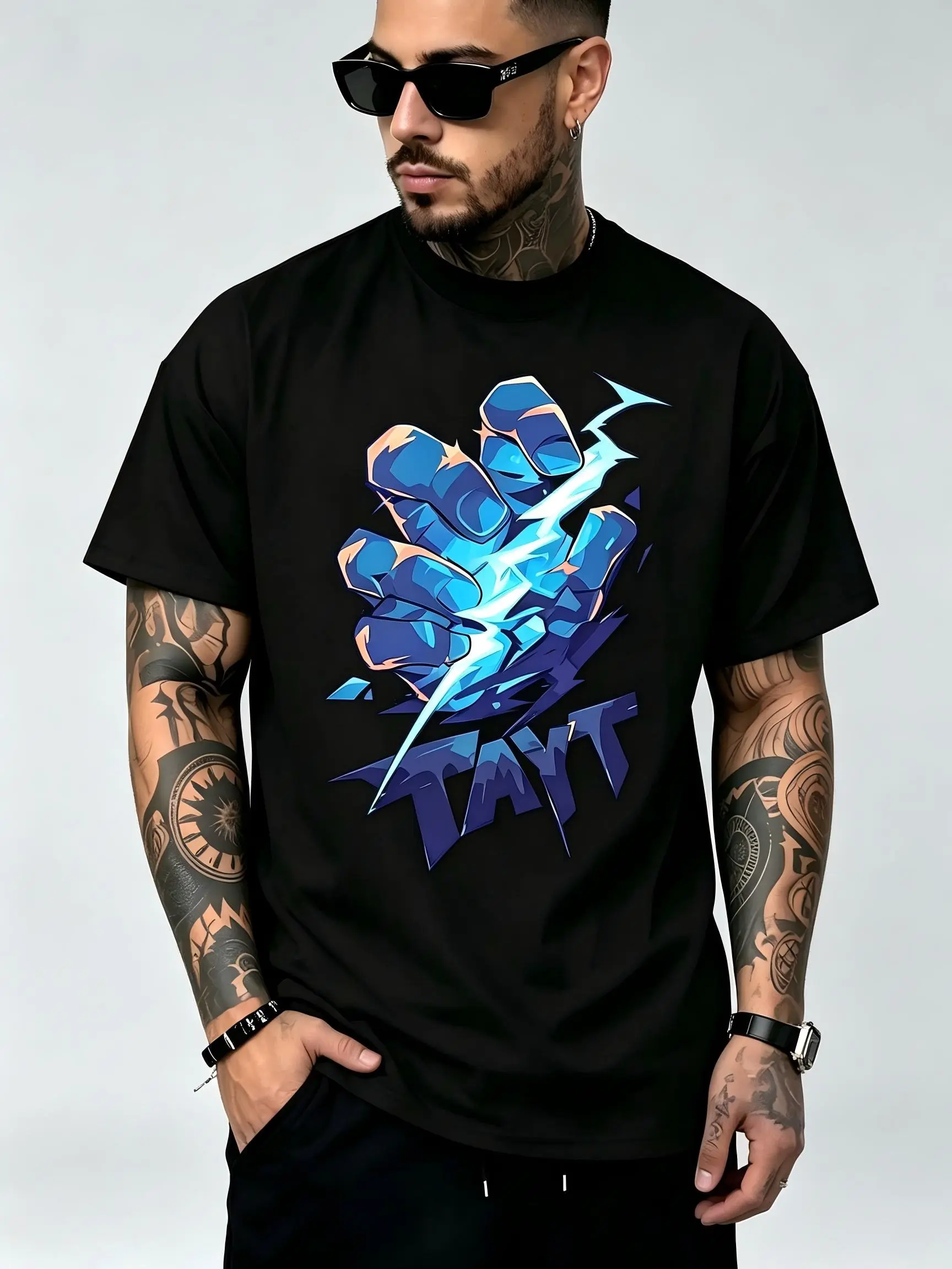 TAYT Men's & Women's Crystal Clenched Fist Lightning Graffiti Print T-Shirt - Bold Graphics, Soft Cotton Crew Neck, Short Sleeve, Fade-Proof, All Seasons, Bold Motivational Streetwear Gift, Casual Everyday Tee, Machine Washable, Lightning Men's Short-Slee