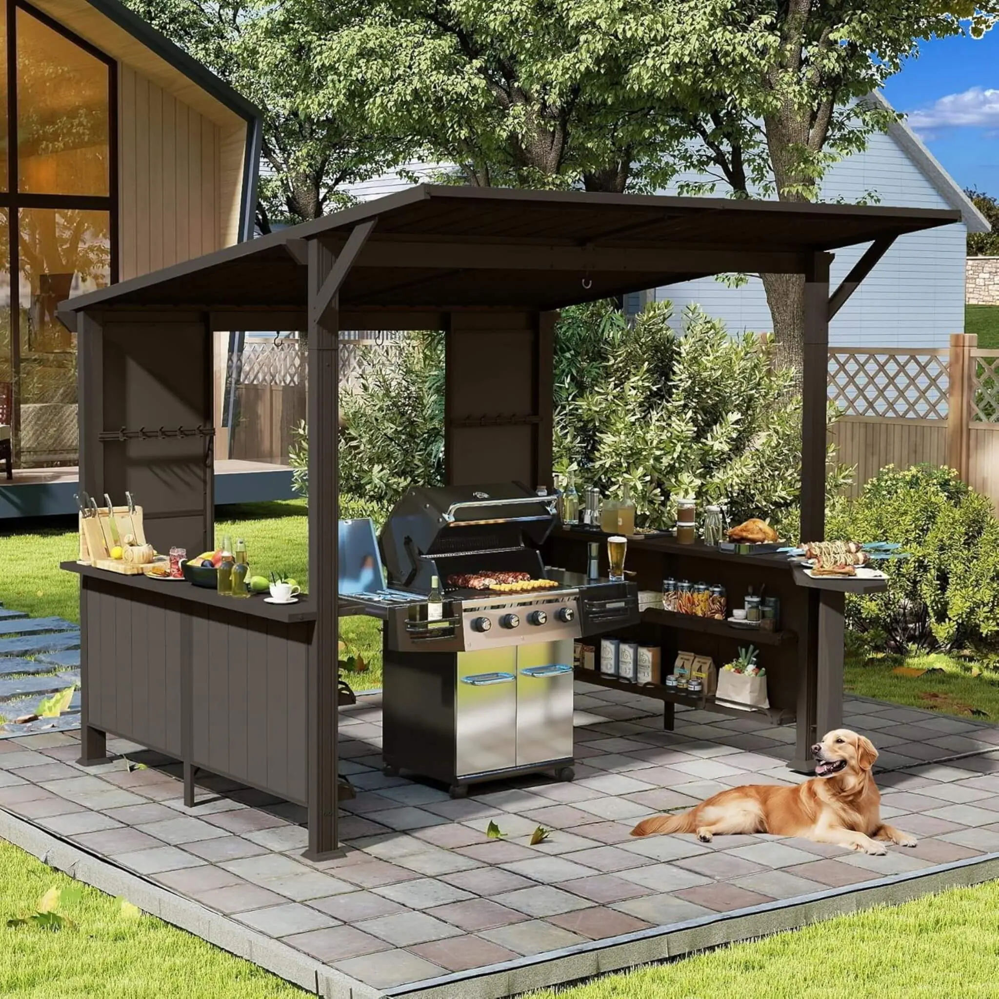 [09X10FT] Alora Modern Slanted Hardtop Alloy Steel Grill Gazebo Kit (SAK32687) with UV Protection, Built-In Hooks, Expansion Bolts, Pre-Drilled Bases