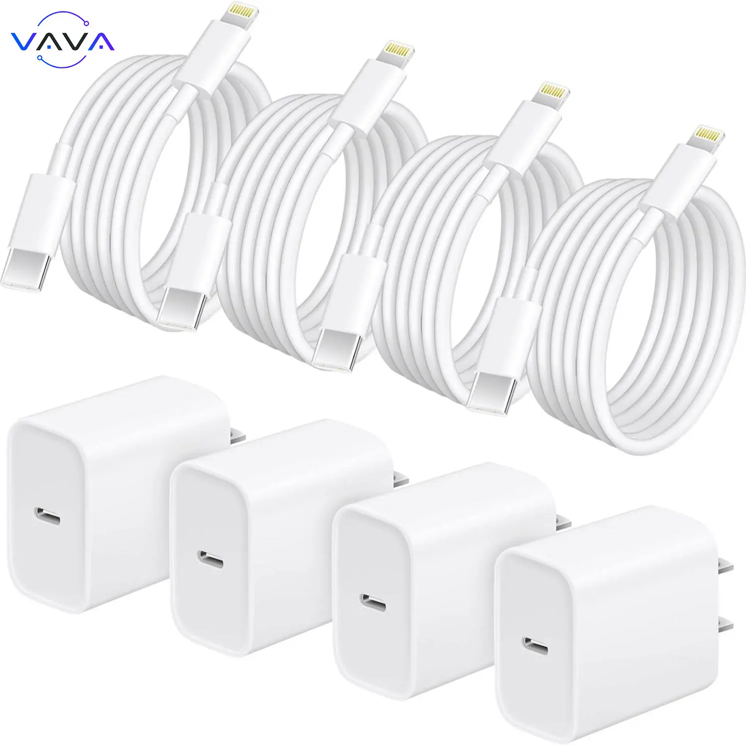 6FT Super Fast Charging 4-Pack Type-C Wall Charger Block with 4-Pack USB-C to Lightning Cable for iPhone 14/13/12,AirPods Pro, Mobile Smartphone Cellphone Electronic