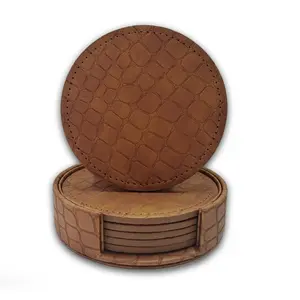 PU Leather Cup Mat Set, 1 Storage Tray + 6pcs Crocodile Pattern Mats, Heat Insulating Round Mats, Vintage, European Style