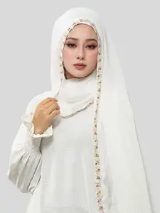 Women's Chiffon Floral Embroidery Hijab Scarf, Elegant Long Shawl for Muslim Fashion Daily Wear, Breathable Beach Sun Protection