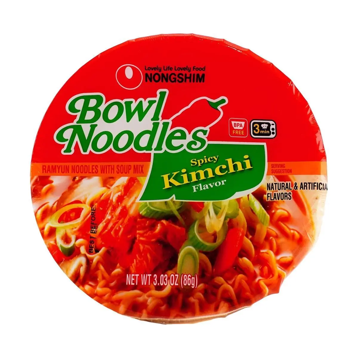 Nongshim Korean Spicy Kimchi Flavor Instant Ramen Bowl Noodles - 86g Microwaveable