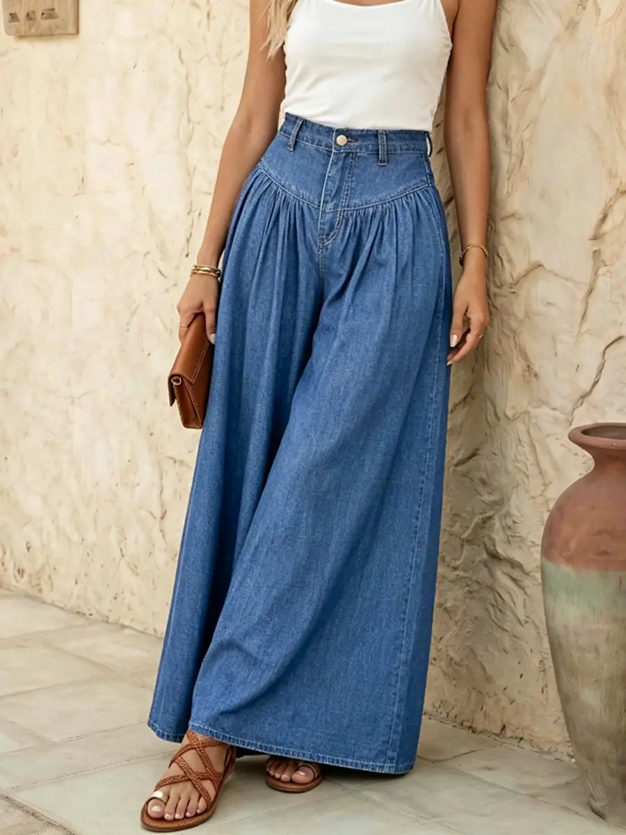 Women's High Waisted Pleated Wide Leg Jeans, Lightweight Streetwear Bottom, Flowy Fit Vintage Casual Comfortable Denim Pants - 703522