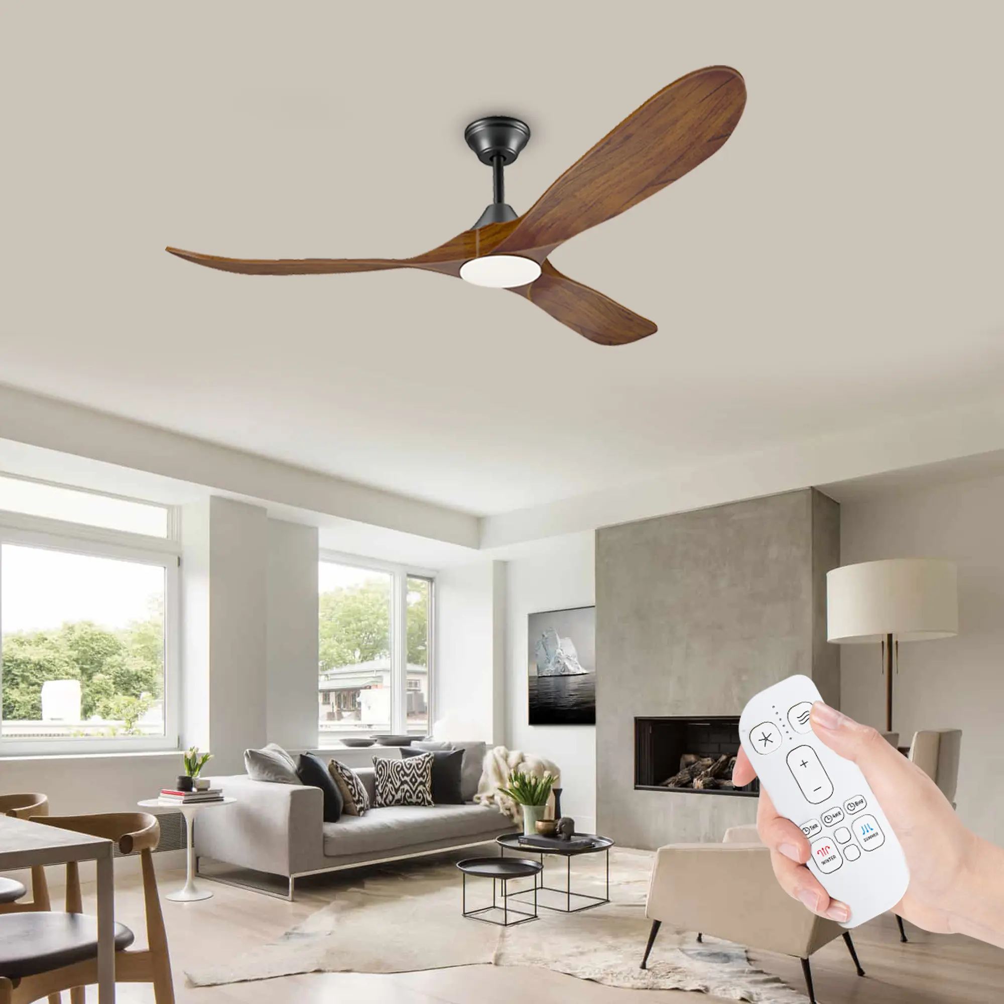 60 Inch Outdoor Ceiling Fan with Light for Patio, Farmhouse Solid Wood 3 Blade Ceiling Fan Remote Control Indoor Outdoor for Bedroom Living Room, Quiet Reversible DC Motor Modern Ceiling Fan for Porch