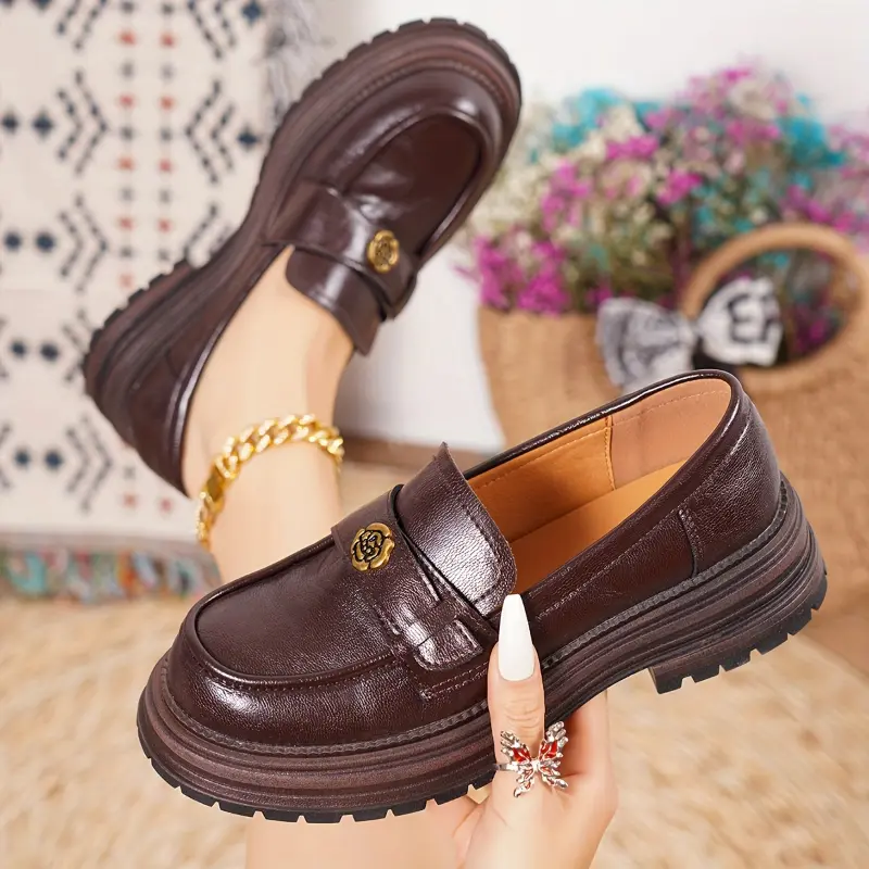YYW1 Women's Retro Floral Embellished Brown Loafers - Round Toe, Thick Sole, Mid-Height Heel, Faux Cover, Versatile Comfort Shoes, Allseason Footwear|Retro Loafer Design|Durable Brown Loafers, Ladies Shoes