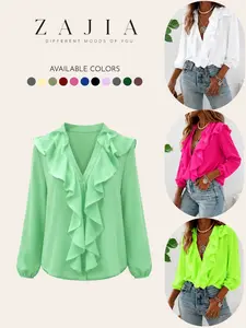 Women’s Ruffle V Neck Blouse, Ruffled Elegant Bohemian Chiffon Long Sleeve Shirt, Lightweight Business Casual Office Top, Stylish and Comfortable, Womenswear