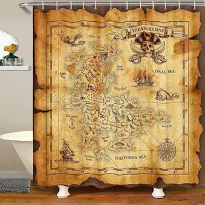 Feelyou Digital Print Pirate Map Shower Curtain - Vintage Nautical Island Design, Ocean Pirate Ship & Skull Bathroom Decor, 72x72" Polyester Washable Shower Curtain