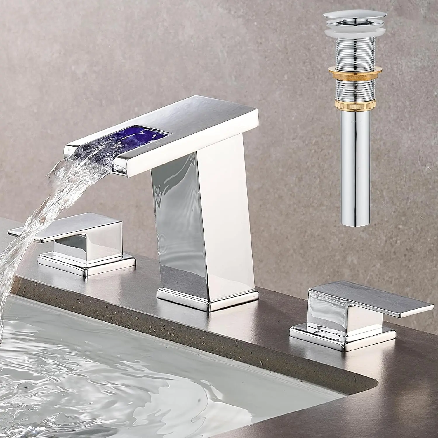 LED Bathroom Faucet 3 Hole, Chrome Waterfall Bathroom Faucets, 8 Inch Widespread Modern Bathroom Sink Faucet & Parts, Wide Spread Touch On Three Hole 2 Handle 3 count Bathroom Vanity Faucet