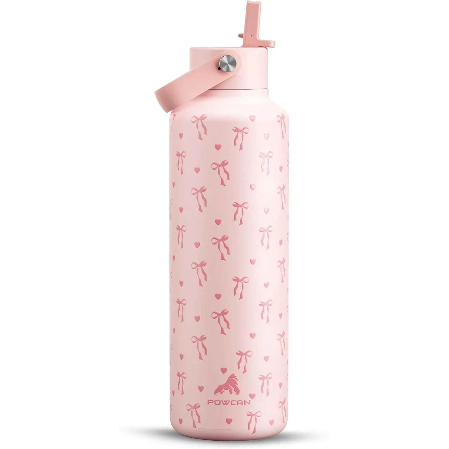 POWCAN 24 oz Insulated Water Bottle: Leakproof, Cup Holder Friendly, Cold for 24H, BPA-free, Top Handle, Double Walled Metal Water Bottle for Student, Girl, School, Camping, Daily (Sweetheart Bow) Gift