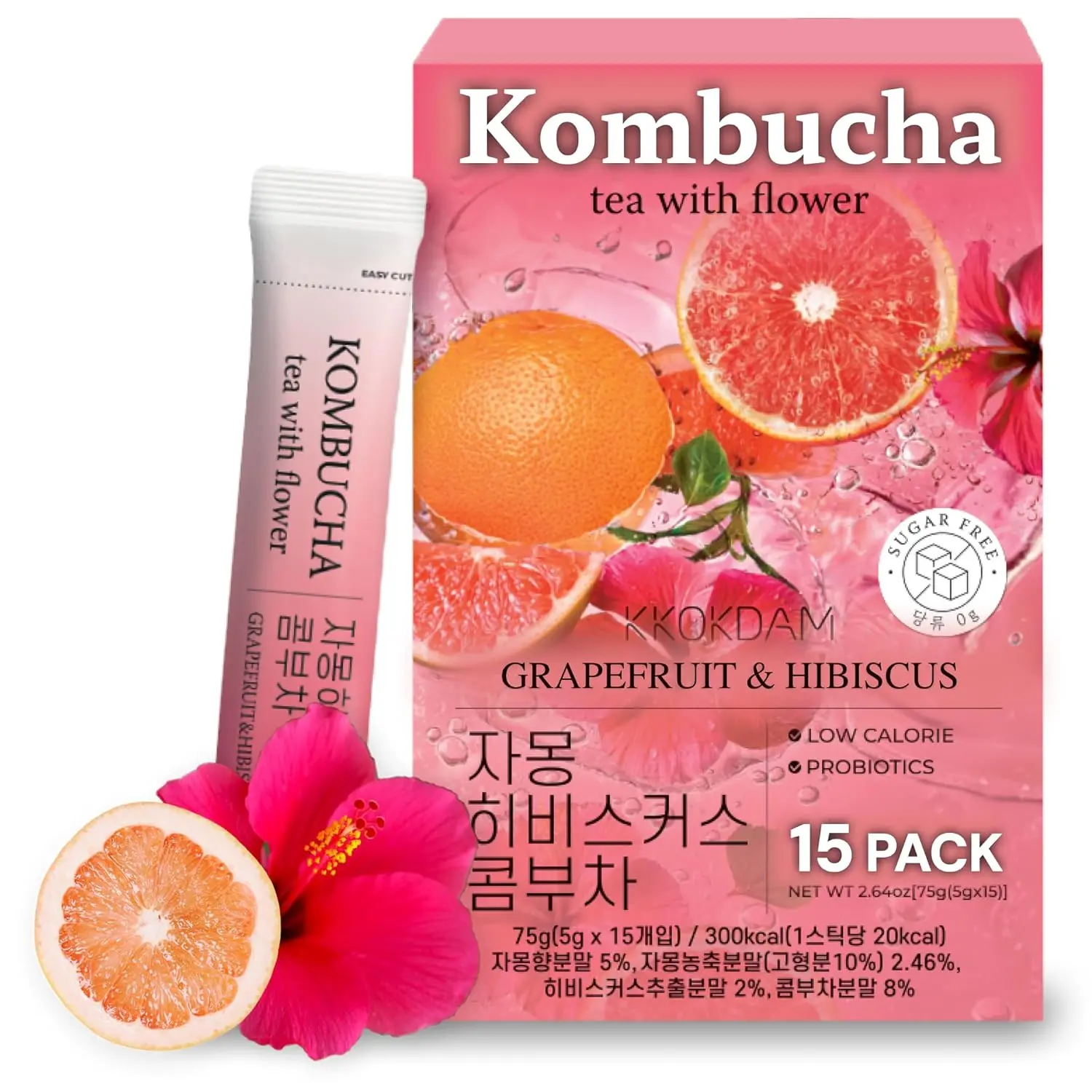 KKOKDAM Kombucha Tea 15 Packs - Grapefruit & Hibiscus Korean Tea - Kombucha Drinks Probiotic Support, Low Calorie, Sugar Free Kombucha Pack - 15 Kombucha Drink Packs