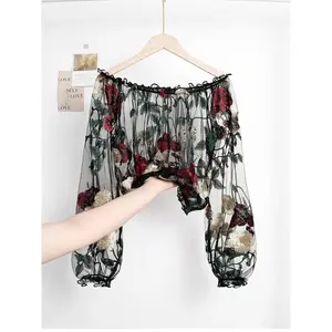 Women’s fashionable and chic sheer mesh crochet-embroidered floral off-shoulder lantern-sleeve crop top, elegant summer casual wear GARMENTARY