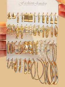 48 Pieces Stylish Bohemian Style Women's Metal Earring Set, High Quality Earrings, Imitation Pearl Earrings, Hoop Earring Sets, Earring Stacks, Geometric C Type Stud Earrings for Daily and Party Wear, Perfect Holiday Gift Jewelry Set