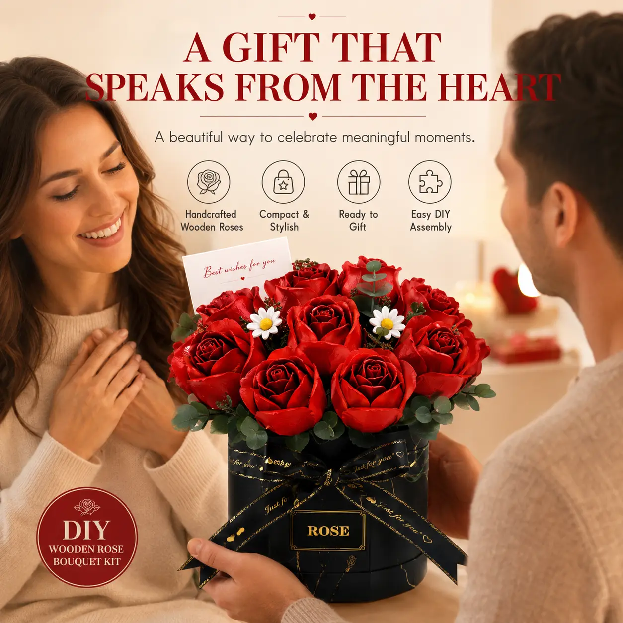 【ROBOTIME】3D Red Rose & Daisy Bouquet DIY Assembly Kit - Viral TikTok Eternal Flower Craft Model, Adult Stress Relief Toy, Romantic Decorative Anniversary Gift for Wife/Girlfriend