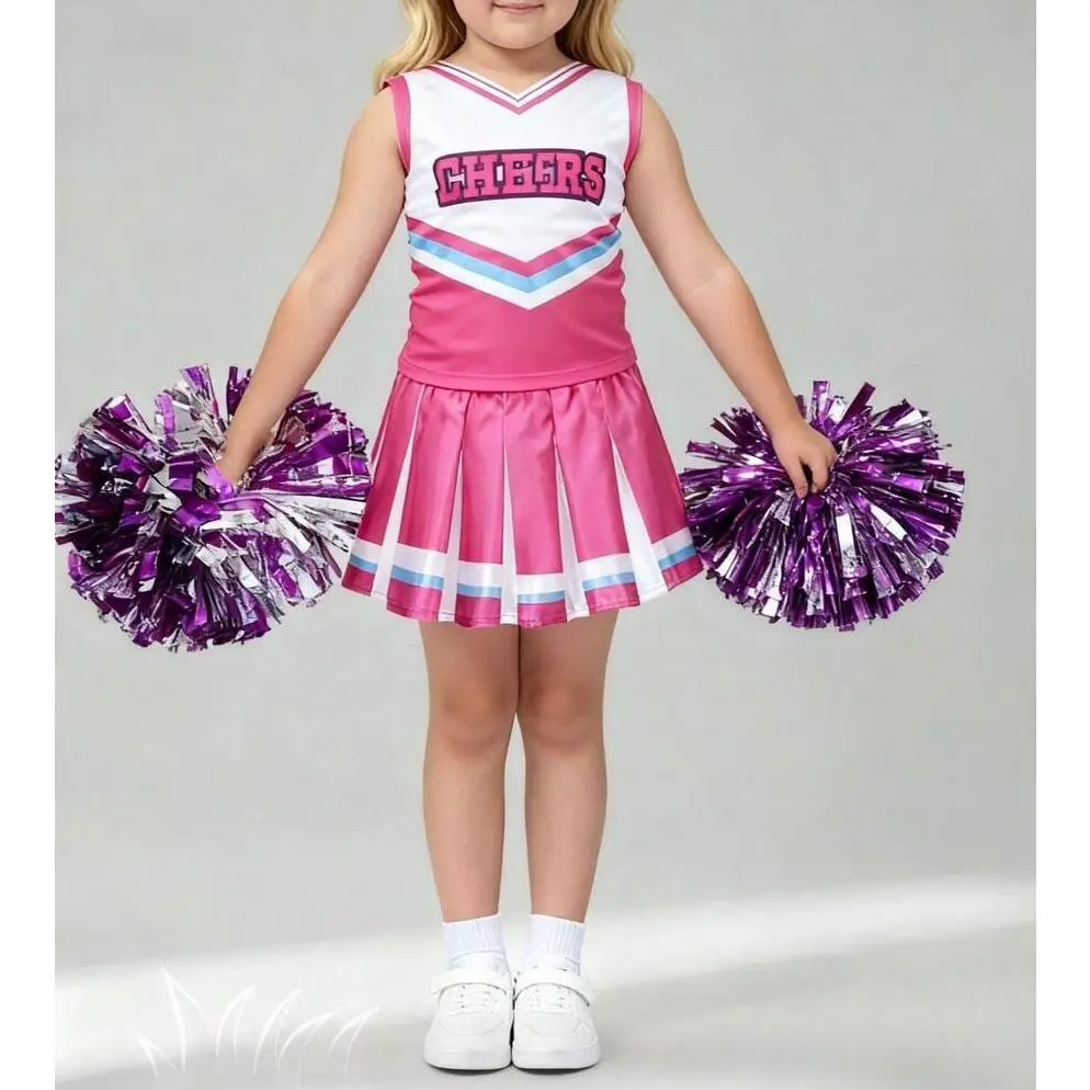 Halloween Pink Cheerleader Costume, Cheerleader Costume for Girls, Cute Halloween Cheerleader Uniform Set with Accessories, Halloween High School Cheerleader Costume