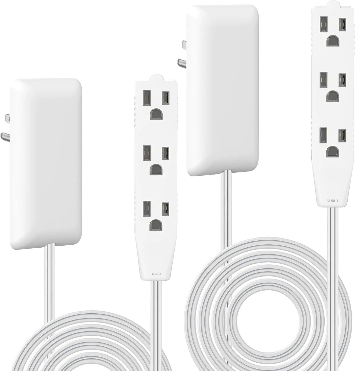 Flat- Outlet Extender with 3 Receptacles, Ultra-Thin Wall Plate Plug with Cord Extender and 3-Outlet Power Strip, 8ft Cord, LWE8-315-W2P, ETL-Listed, White, 2 Pack