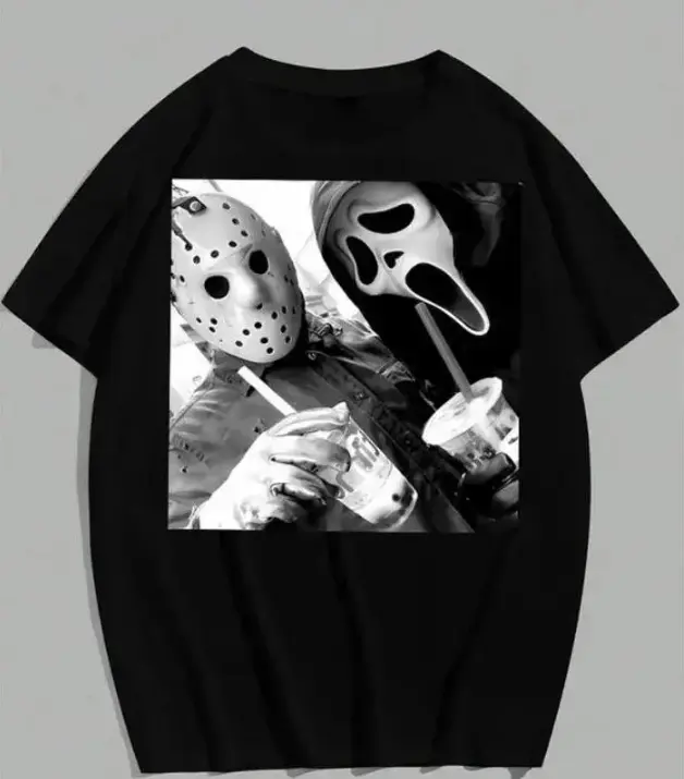 Edgy Unisex Summer Cotton Short Sleeve Tee | Horror Movie Killers Drinking Cup Selfie Black White Meme Print, For Slasher Film Fan Halloween Street Casual Outfits, Soft Breathable Heat Transfer Loose Fit