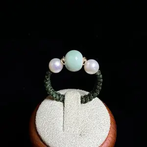 Handmade Chinoiserie Celadon & Freshwater Pearl Adjustable Woven Ring | Oriental Dainty Stack Ring