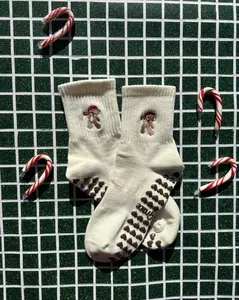 Mollygracegripsocks holiday season Santa bear non slip grip sock with brown heart grips for pilates, barre, yoga or lagree