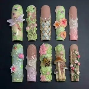 Fairy Garden Press On Nails Handmade Dragonfly, Bee, Mushroom, Lily & Flower Charms Nail Set Gif For Her