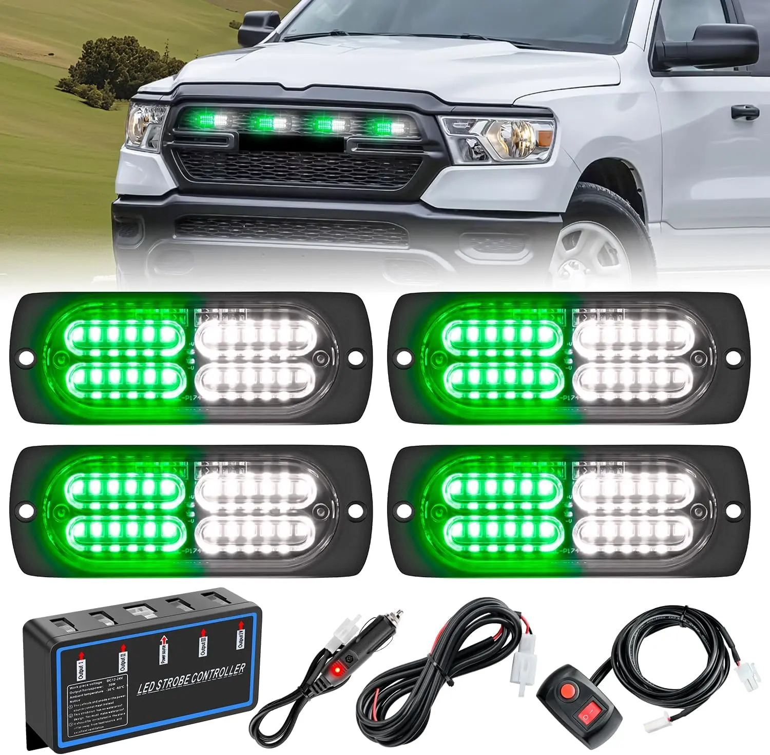 4PCS 12V-24V Double Row LEDs Strobe Lights, 24LED with 20 Flash Modes, Sync Mode, Plug/Wire Installation, Surface Mount Aluminum Base, Controller Included, Green & White for Cars/Trucks, Cars/Trucks/Rvs