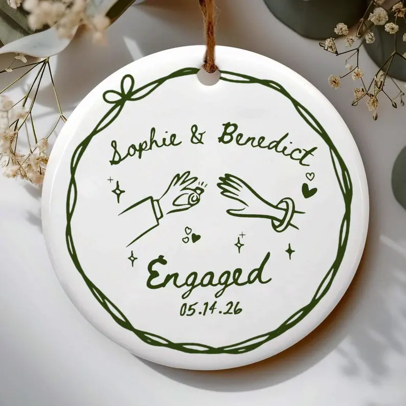 2 Sided Ceramic Ornament, Custom Engagement Gift, Personalized Engagement Gift for Engaged Couples, Wedding Gift Newlyweds, Bride and Groom