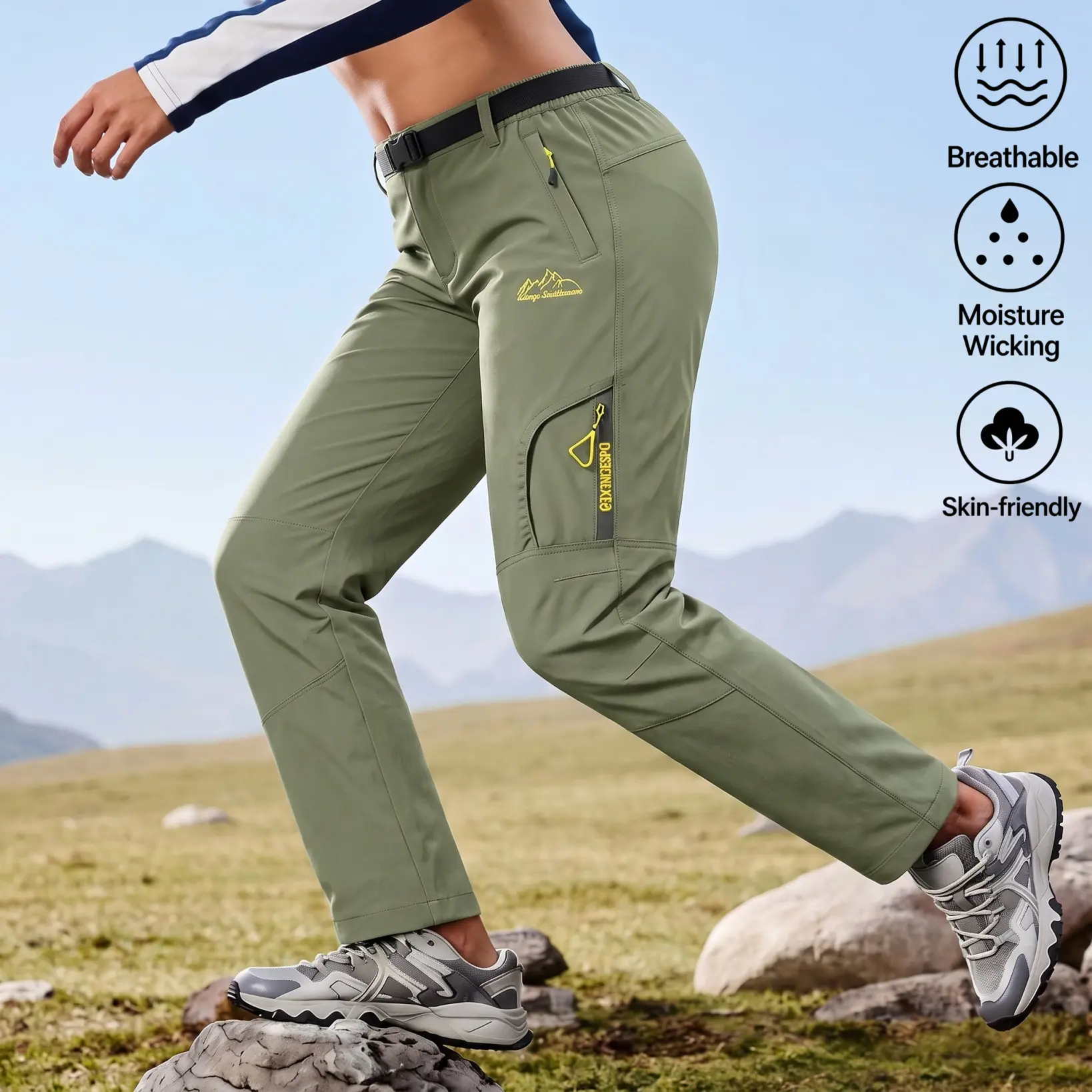 Women’s quick-dry outdoor sports pants for spring and summer—lightweight hiking pants with an elastic waistband and stretchy fabric; loose long trekking/mountaineering pants suitable for camping, travel, outdoor activities, fishing, and wildlife parks.