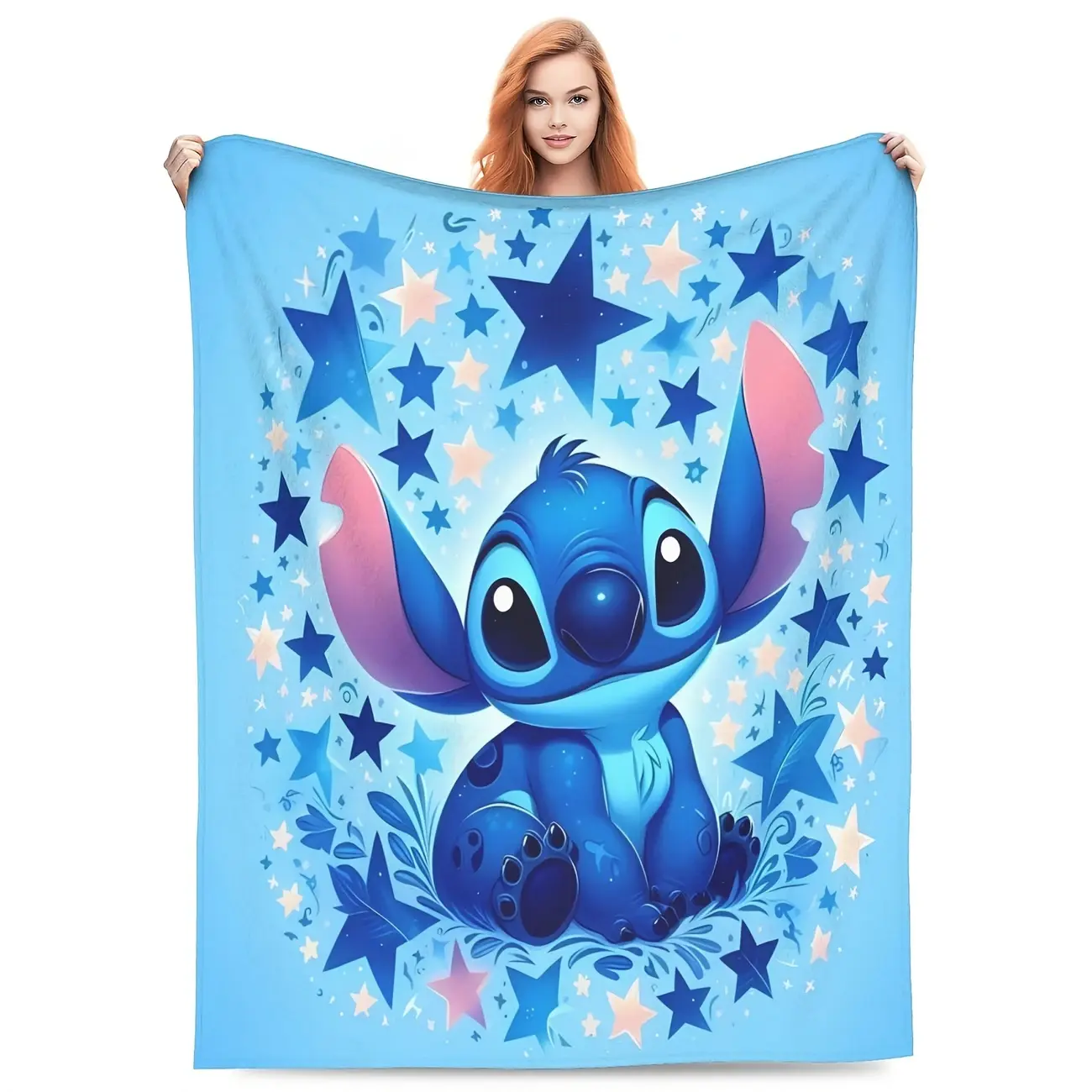 [SummerVibes] DISNEY CLASSIC Stitch Cartoon Printing Flannel Fleece Throw Blanket for Adults - Soft, Warm Plush with Starry Night Design for Couch, Bed, Camping & Travel