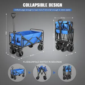 Collapsible Foldable Beach Wagon with Big Wheels for Sand and Camping - Heavy Duty Metal Frame Utility Cart