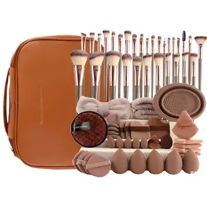 67 Piece Makeup Brush Set, Large Beauty Tool Kit, Face and Eyeshadow Mix, Coffee Color Brushes, Portable Travel Combo, Sponge Puffs, Makeup Pouch, Travel Makeup Bag