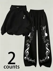 Music Note Print Hoodie Set, Loose Fit Hoodie & Wide Leg Sweatpants, Soft Fabric, Casual Winter Wear, Comfortable Daily Clothes