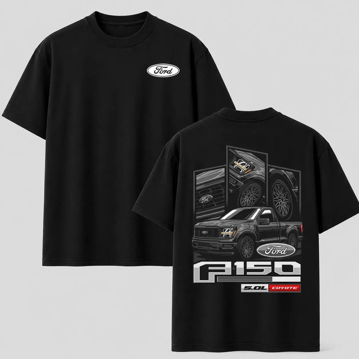 Men's Ford F-150 5.0L Coyote Graphic T-Shirt - Black, Round Neck Short Sleeve Unisex Casual Wear, Sports & Outdoor Menswear Top, T Shirts
