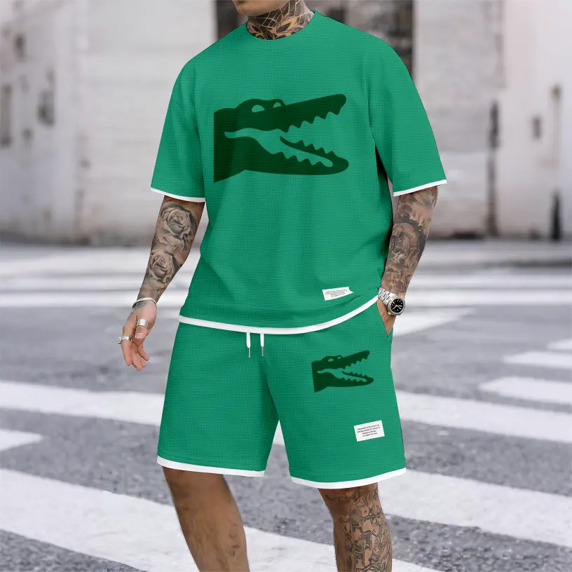 Men's Crocodile Graphic Waffle Fabric Shorts Set, Casual Short Sleeve Shirt and Drawstring Shorts Two-Piece Outfit, Textured Summer Set for Daily Wear, Lounge, Vacation, and Outdoor Activities