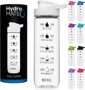 Sports Motivational Drinking Water Bottle With Time Marker 28 Oz BPA Free, Time Marked Drink More Water Daily 1 Liter Leak Proof