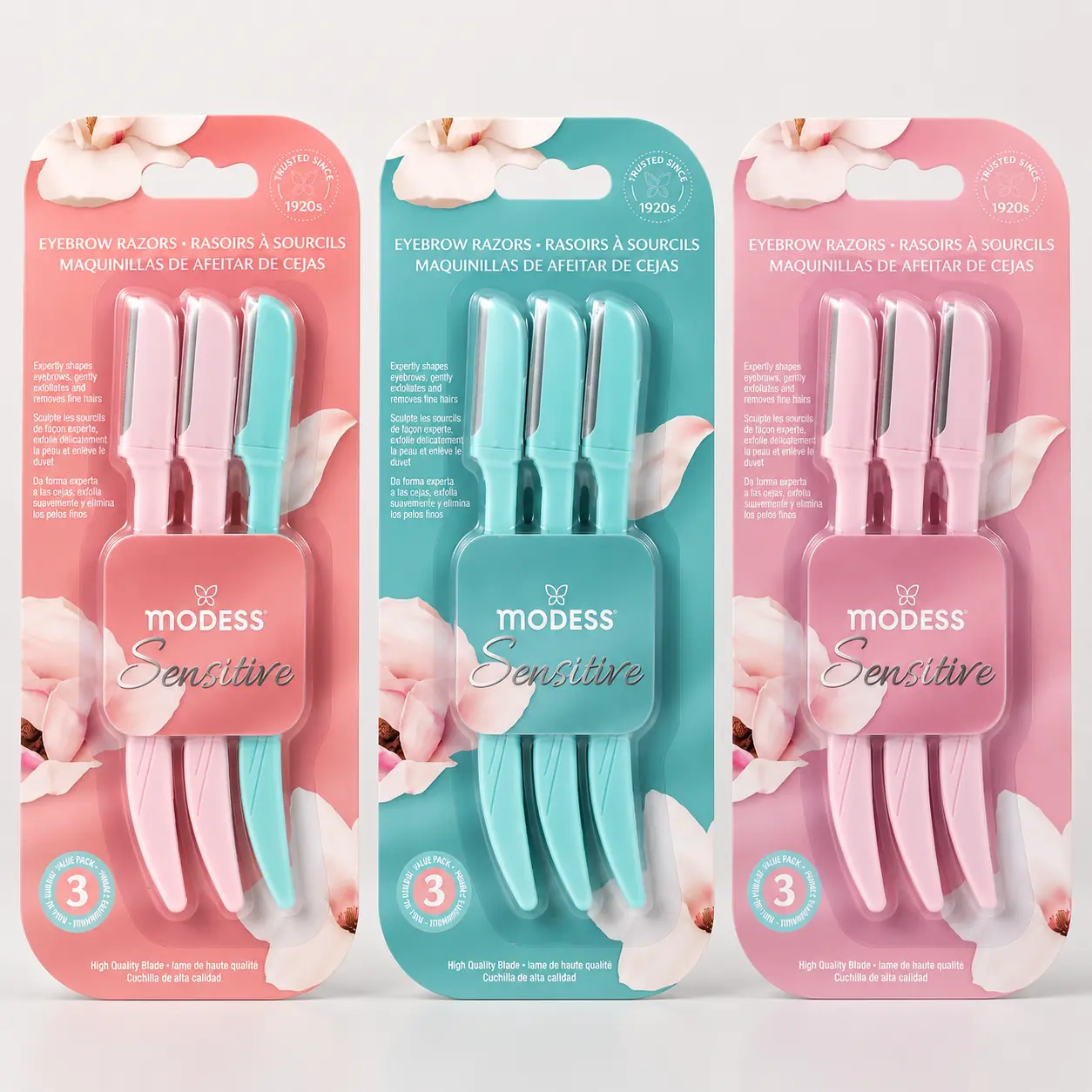 Modess Cosmetics Eyebrow Razors, (3 Packs of 3) and more options available Soft Durable Dermaplaning Tool, Peach Fuzz Remover, Sensitive Skin Safe, with Protective Caps