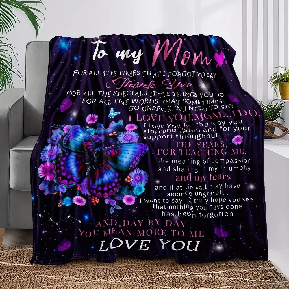 Butterfly & Letters Pattern Soft Texture Blanket (1-2 Counts), 1-Piece Soft Warm Throw for Air-Conditioned Rooms, Room Decor, House Decor, Birthday Gift Ready for Mom
