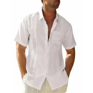 PASLTER Mens Short Sleeve Cuban Camp Guayabera Shirt Linen Cotton Hippie Beach Button Down Shirts Menswear Tropical