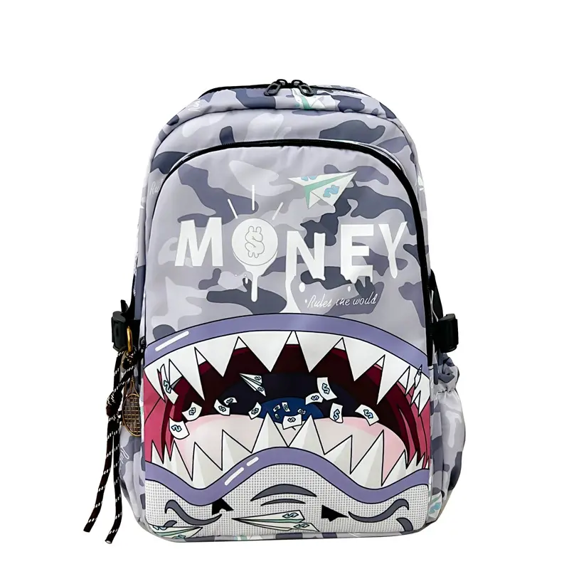 Sprayground Grey Camo Money Shark Mouth Print Backpack - Hype Streetwear Large-Capacity Oxford Fabric Laptop Backpack for Teen Boys, School Travel Daily Casual Use