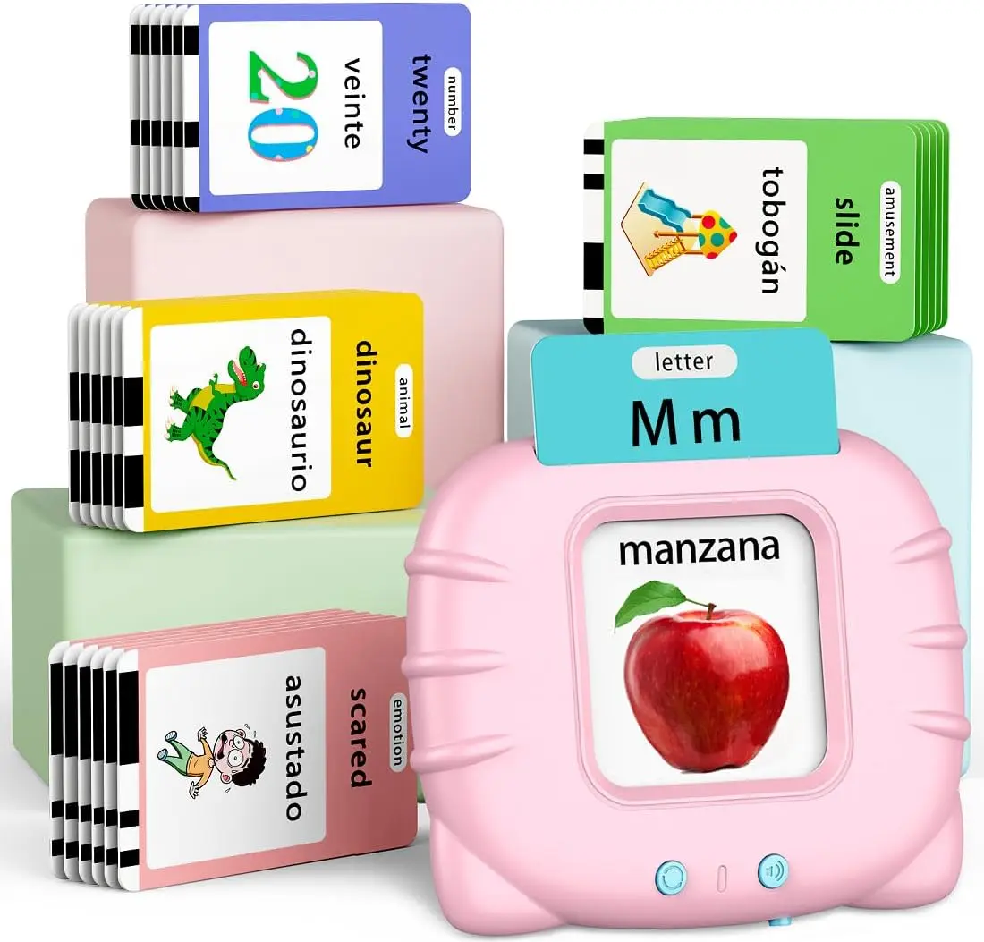 KIDGENIUS Plastic English-Spanish Bilingual Talking Learning Flash Cards, Screen-Free Toddler Educational Toy, Homeschool Preschool Vocabulary Tool for 2-8 Ages, Cost-Effective Parent-Approved Gift, Word Cards, Spanish Vocabulary Flashcards