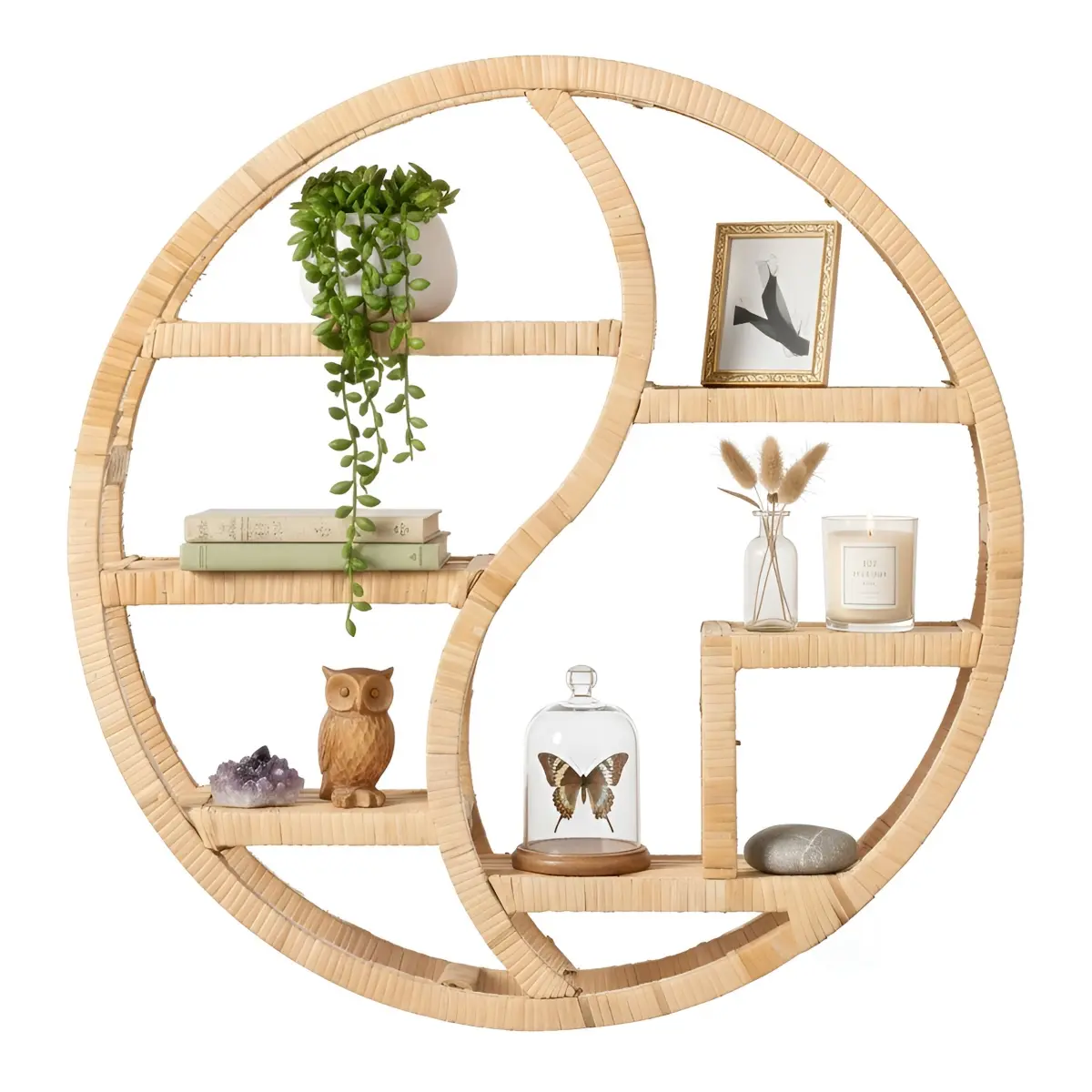 Vintiquewise QI004943 Brown Round Bamboo Wall Shelf - 3-Tier Decorative Wooden Display Sections, Minimalist Boho Circle Hanging Shelf for Living Room, Bedroom Home Decor, Shelves, Room Accessories