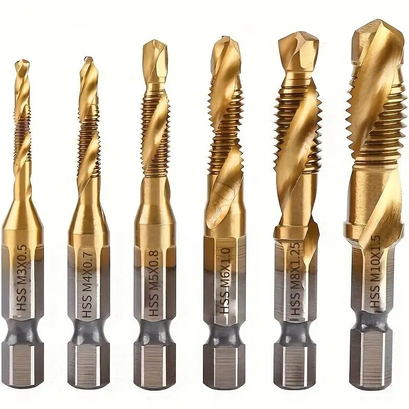 1/4" Hex Shank Titanium Drill Tap Combination Bit Set, Screw Tapping Countersink Drill Bits, Metric Thread M3 M4 M5 M6 M8 M10 Taps Tool