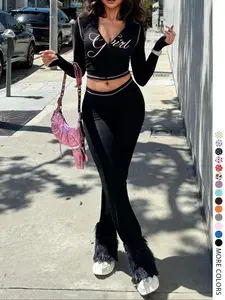 【LovelyWholesale】2026 FIFA World Cup Campaign Two-piece Set Women's Colorblock Letter Print Zip Up Crop Jacket & High Waist Flare Leg Pants, Casual Fashion Chic Cozy Breathable Outfits for Yoga Gym Workout, Ladies Sportswear for Fall