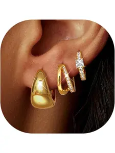 3Pairs Gold Hoop Earrings Set for Women Fashion Earring Trendy Huggie Hoop Earrings Stacks for Multiple Piercing 14K Gold Plated Chunky Hoop Shape Earrings Set Hypoallergenic Cartilage Earring Lightweight Ear Hoops