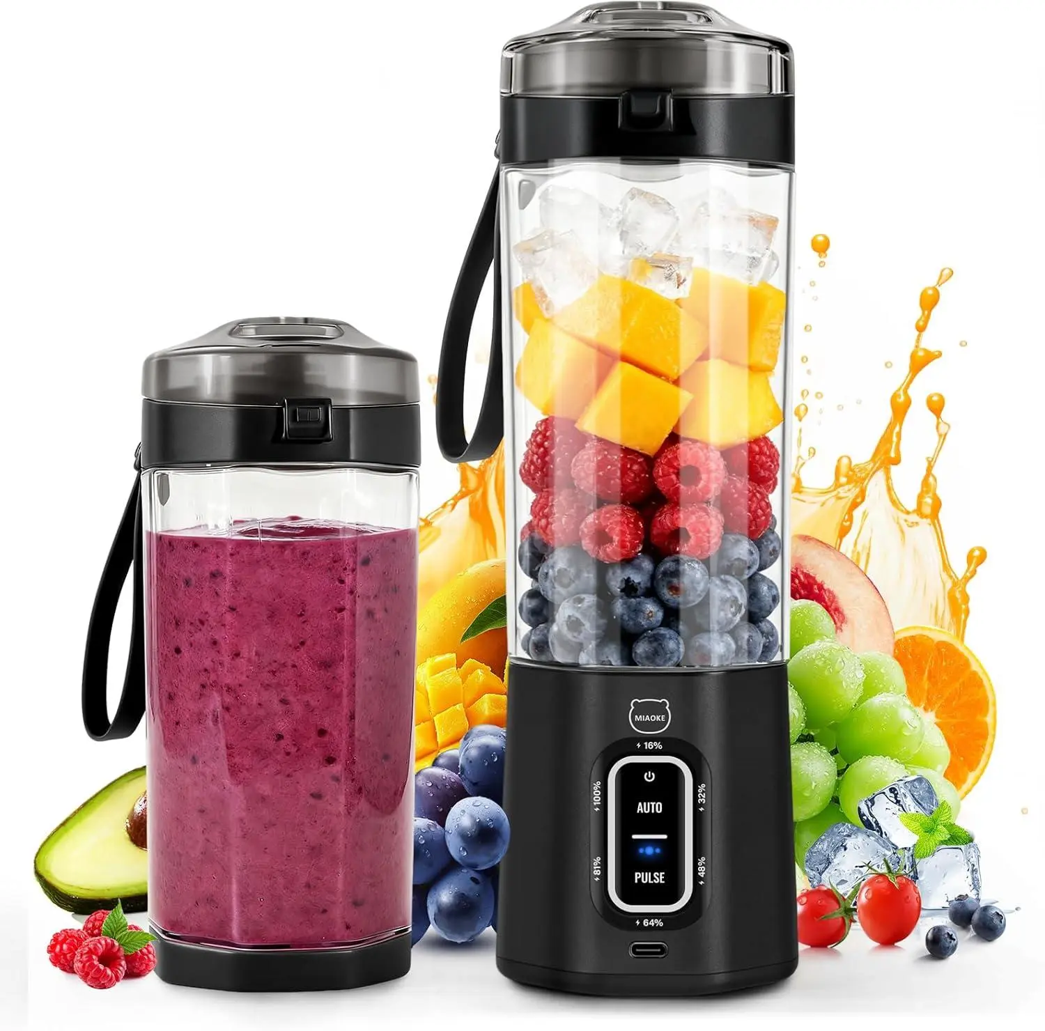 2026 Upgrade 700 ML Portable Smoothie Blender, Rechargeable Personal Blende, Contains Both Automatic and Pulse Functions, with Travel Cup and Lid, 6 Sharp Blades, Mixer Blender Machine Black MIAOKE
